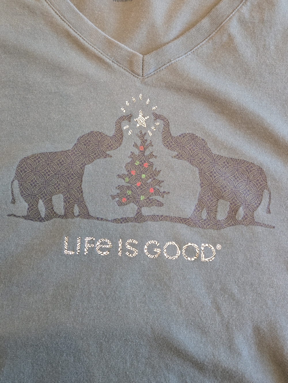 Life Is Good Women's Long Sleeve V-Neck Tee in Olive Green with Elephant Graphic - Picture 6 of 7